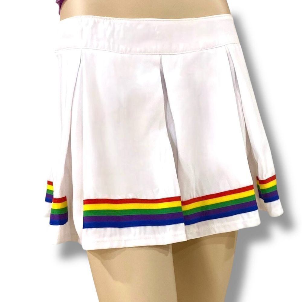 White Pleated Mini Skirt with Rainbow Stripes Trim NEW